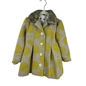 Cherokee Toddler Coat Yellow Polka Dot Wool Blend Faux Fur Collar Bow 2T